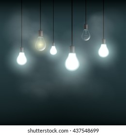 Light bulbs hanging on wires. Stock vector illustration.