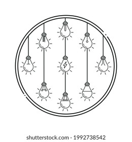Light bulbs hanging from a roof and in a circle.