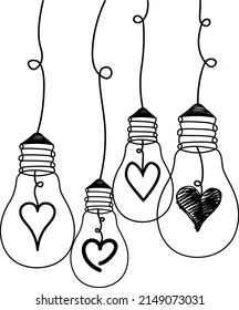 Light bulbs with hearts, one line bulbs, one line heart, heart doodles, hearts in bulbs