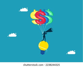 Light bulbs are hung with dollar sign balloons. Smart business people are looking for the best investments