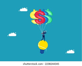 Light bulbs are hung with dollar sign balloons. Smart business people are looking for the best investments