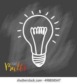 Light bulbs icon. Concept of big ideas inspiration, innovation, invention, effective thinking. CFL lamp.  Isolated. Vector illustration.  Idea symbol. Vector. sketch. Sign. On chalk background