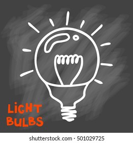 Light bulbs icon. Concept of big ideas inspiration, innovation, invention, effective thinking. CFL lamp.  Isolated. Vector illustration.  Idea symbol. Vector. sketch. Sign. On chalk background