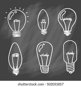 Light bulbs icon. Concept of big ideas inspiration, innovation, invention, effective thinking. CFL lamp.  Isolated. Vector illustration.  Idea symbol. sketch. Sign. On chalk background