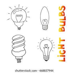 Light bulbs icon set. concept of big ideas inspiration, innovation, invention, effective thinking. CFL lamp.  Isolated. Vector illustration.  Idea symbol. Vector. sketch . Hand-drawn doodle sign. 