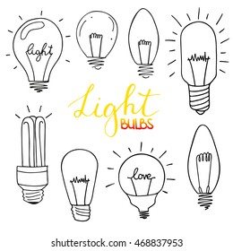 Light bulbs icon set. concept of big ideas inspiration, innovation, invention, effective thinking. CFL lamp.  Isolated. Vector illustration.  Idea symbol. Vector. sketch . Hand-drawn doodle sign. 