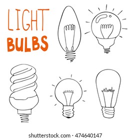 Light bulbs icon set. concept of big ideas inspiration, innovation, invention, effective thinking. CFL lamp.  Isolated. Vector illustration.  Idea symbol. Vector. sketch . Hand-drawn doodle sign. 