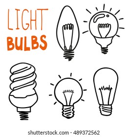 Light bulbs icon set. concept of big ideas inspiration, innovation, invention, effective thinking. CFL lamp.  Isolated. Vector illustration.  Idea symbol. Vector. sketch . Hand-drawn doodle sign. 