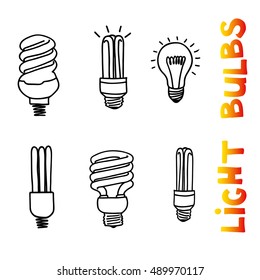 Light bulbs icon set. concept of big ideas inspiration, innovation, invention, effective thinking. CFL lamp.  Isolated. Vector illustration.  Idea symbol. Vector. sketch . Hand-drawn doodle sign. 