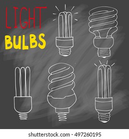 Light bulbs icon set. concept of big ideas inspiration, innovation, invention, effective thinking. CFL lamp.  Isolated. Vector illustration.  Idea symbol. Vector. sketch . On chalk background