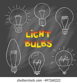 Light bulbs icon set. concept of big ideas inspiration, innovation, invention, effective thinking. CFL lamp.  Isolated. Vector illustration.  Idea symbol. Vector. sketch . On chalk background
