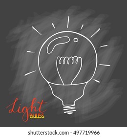 Light bulbs icon set. concept of big ideas inspiration, innovation, invention, effective thinking. CFL lamp.  Isolated. Vector illustration.  Idea symbol. Vector. sketch . On chalk background.