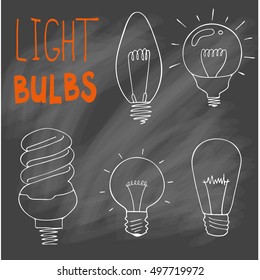 Light bulbs icon set. concept of big ideas inspiration, innovation, invention, effective thinking. CFL lamp.  Isolated. Vector illustration.  Idea symbol. Vector. sketch . On chalk background.
