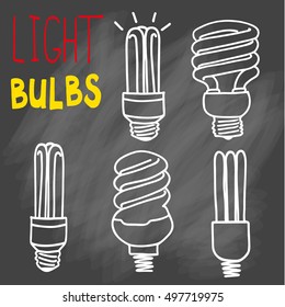 Light bulbs icon set. concept of big ideas inspiration, innovation, invention, effective thinking. CFL lamp.  Isolated. Vector illustration.  Idea symbol. Vector. sketch . On chalk background.