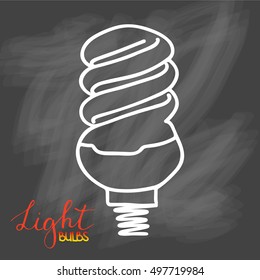 Light bulbs icon set. concept of big ideas inspiration, innovation, invention, effective thinking. CFL lamp.  Isolated. Vector illustration.  Idea symbol. Vector. sketch . On chalk background.