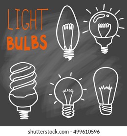Light bulbs icon set. concept of big ideas inspiration, innovation, invention, effective thinking. CFL lamp.  Isolated. Vector illustration.  Idea symbol. Vector. sketch . On chalk background