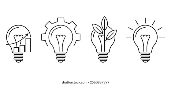 Light bulbs icons set - for Business Idea, Strategy or Sustainable development. Lamp with chart, gear, leaf and shining. Pictograms in thin line