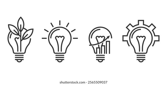 Light bulbs icons set - for Business Idea, Strategy or Sustainable development. Lamp with chart, gear, leaf and shining. Pictograms in bold line