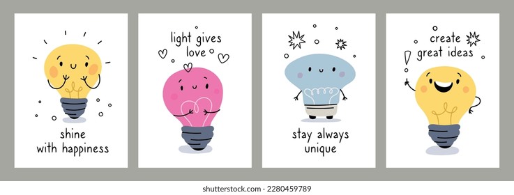 Light bulbs idea cards. Cute energy mascots. Cartoon lamps characters with motivational inscription text. Glowing happy faces. Smiling lightbulbs shine. Garish vector