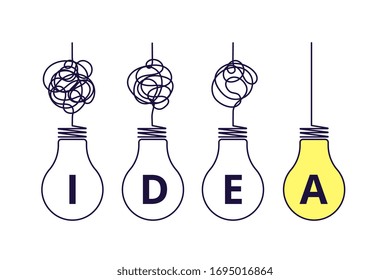 Light bulbs idea concept. Simplify complexity, graphic of problem solution. Creative thinking process. Tangled and simple way vector concept