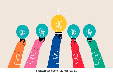 Idea de bombillas en las manos. Inspiración con el concepto de símbolo de lámpara. Ilustración vectorial colorida
