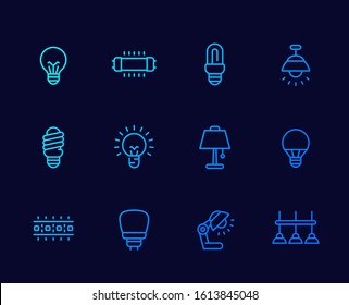 light bulbs, illumination and lamps thin line icons