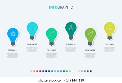 Light bulbs infographic template. 6 steps design with beautiful colors. Vector timeline elements for presentations.