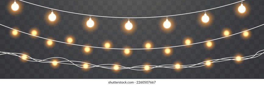 Light bulbs isolated on transparent background. Glowing lights for Christmas holiday cards design. Led neon lamp. Set of golden Xmas glowing garland. New Year party decoration. Vector illustration.