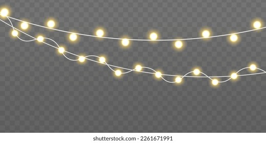 Glühbirnen einzeln auf transparentem Hintergrund. Glühendes Licht für Weihnachtskarten Design. Leuchtenlampe. Set von goldener Weihnachtsgrube. Neujahrsfeier-Dekoration. Vektorgrafik.