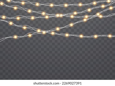 Bombillas aisladas en un fondo transparente. Luces brillantes para el diseño de tarjetas navideñas. Decoración de la fiesta de Año Nuevo. Conjunto de guirnaldas de navidad dorada. Lámpara de neón. Ilustración vectorial.