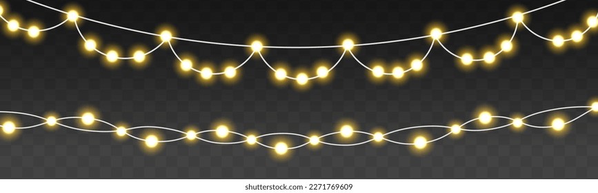 Light bulbs isolated on transparent background. Glowing lights for Christmas holiday cards design. New Year party decoration. Set of golden Xmas glowing garland. Led neon lamp. Vector illustration.