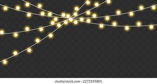 Light bulbs isolated on transparent background. Glowing lights for Christmas holiday cards design. New Year party decoration. Set of golden Xmas glowing garland. Led neon lamp. Vector illustration.