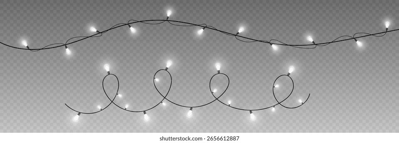 Bombillas aisladas sobre fondo transparente. Guirnaldas navideñas brillantes. Decoraciones de Año Nuevo.Vector.EPS 10