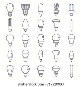 Light bulbs lamp outline set vector illustration for design and web isolated on white background. Light bulbs lamp vector object for labels and advertising