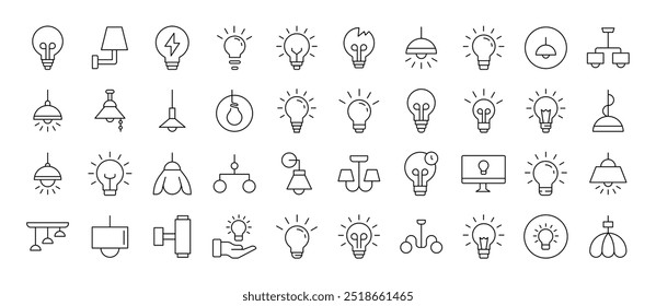 Glühbirnen, Lampen, Kronleuchter Set von dünnen Symbolen. Bearbeitbarer Strich. Geeignet für Webseiten, Bücher, Karten, Apps 