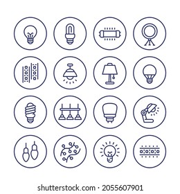 light bulbs, lamps and led lights line icons set