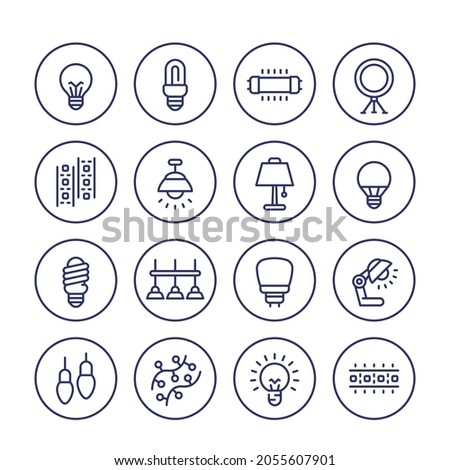 light bulbs, lamps and led lights line icons set