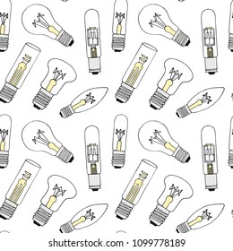 Light bulbs line art seamless pattern . Hand drawn lighbulbs vector background.