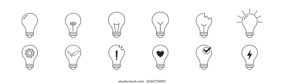 Conjunto de iconos de línea de bombillas. Conjunto de Vector de ícono de idea. Elemento de diseño de logotipo de eficiencia moderna de tendencia simple lineal de carrera plana