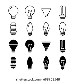 Light bulbs line and silhouette icons isolated on white. Set of light bulb and lamp electricity, vector illustration