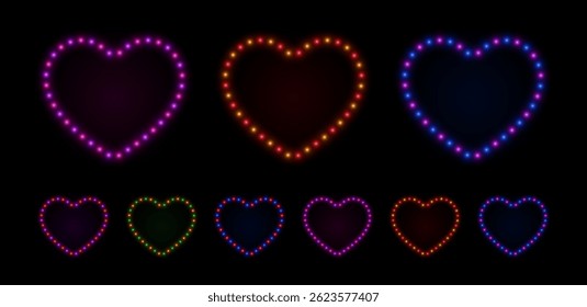 Light bulbs neon frame heart. Led glow border with lamps for casino and games. Vector set of retro love elements.