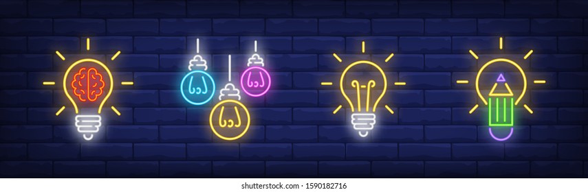 Light bulbs neon sign set. Lightbulb, hanging lamp, brain. Vector illustration in neon style, bright banner for topics like illumination, inspiration, idea