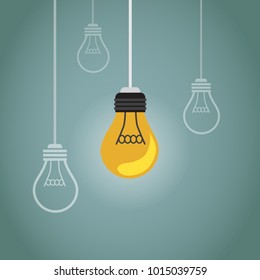 A lot of light bulbs off and only one on. Idea concept. Vector Illustrator
