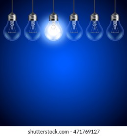 Light bulbs on dark blue background realistic vector background