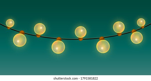 Light bulbs on green background. Banner with christmas garland. Garland of yellow bulbs.