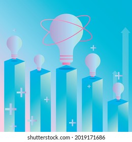 Light bulbs on a pedestal. They show the growth and development of ideas and status. Obtaining financial benefits in business, achieving goals on the stock exchange. For the design of materials