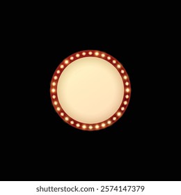 Light bulbs on red circle frame. Lamp round border. Retro wall billboard. Vector blank banner with backlight garland. Circus, cinema, casino illumination decoration isolated on black background