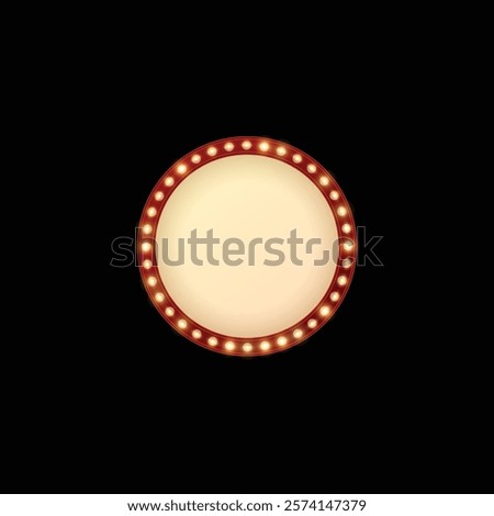 Light bulbs on red circle frame. Lamp round border. Retro wall billboard. Vector blank banner with backlight garland. Circus, cinema, casino illumination decoration isolated on black background
