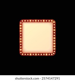 Light bulbs on red frame. Lamp square border. Retro wall billboard. Vector blank banner with backlight garland. Circus, cinema, casino glitter illumination decoration isolated on black background