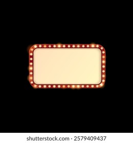 Light bulbs on red frame. Vector glowing lamps rectangle border. Retro wall billboard with backlight garland. Circus, cinema, casino glitter illumination banner isolated on black background